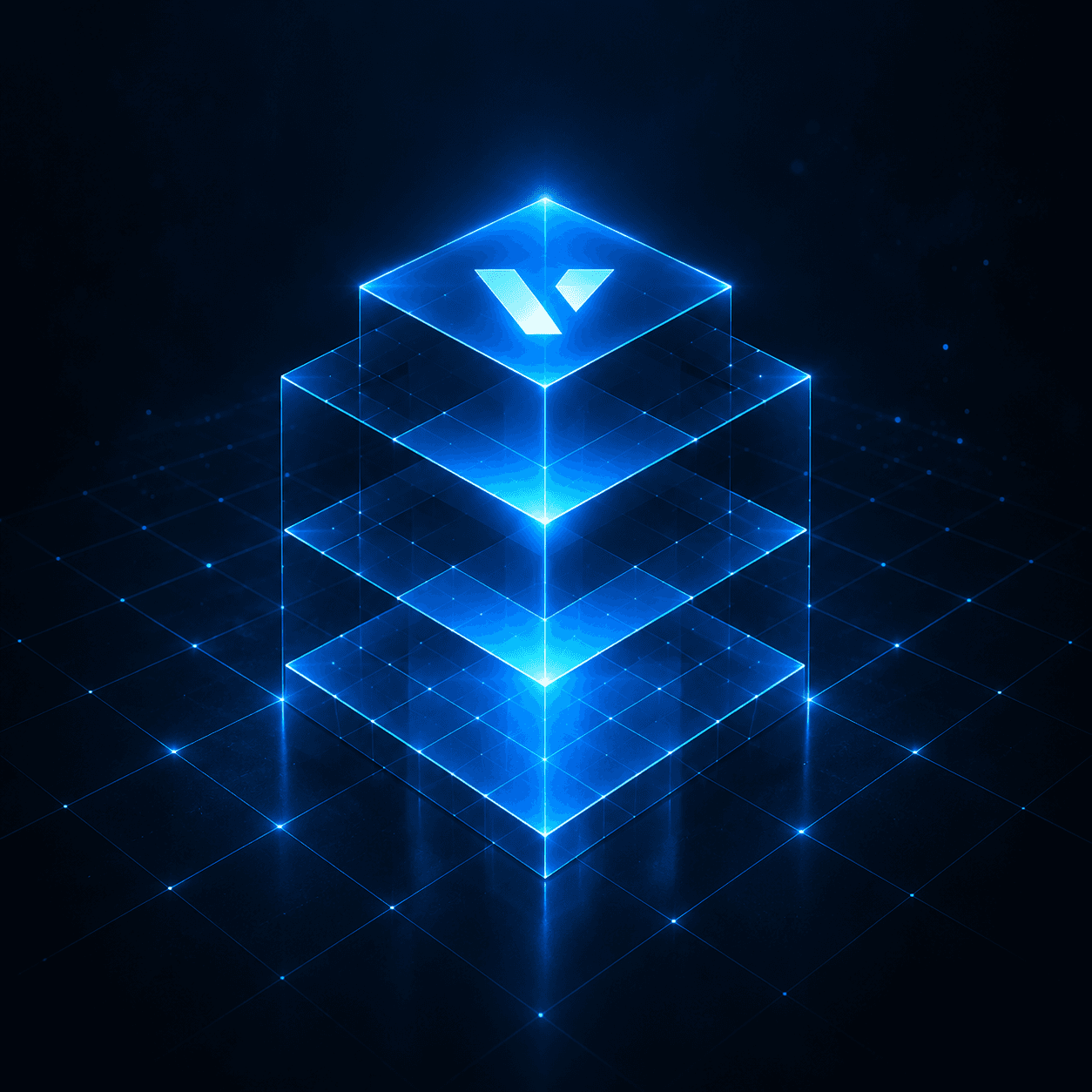 VAREXIS-INDEX identity: stacked blue geometric planes with a luminous V on the top plane.
